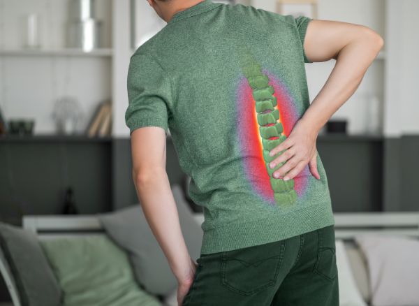 Hernija diska – bolečina v križu | Fizioterapija Rudolfovo Moški drži spodnji del hrbta; poudarjen ledveni predel – vizualizacija bolečine pri herniji diska.