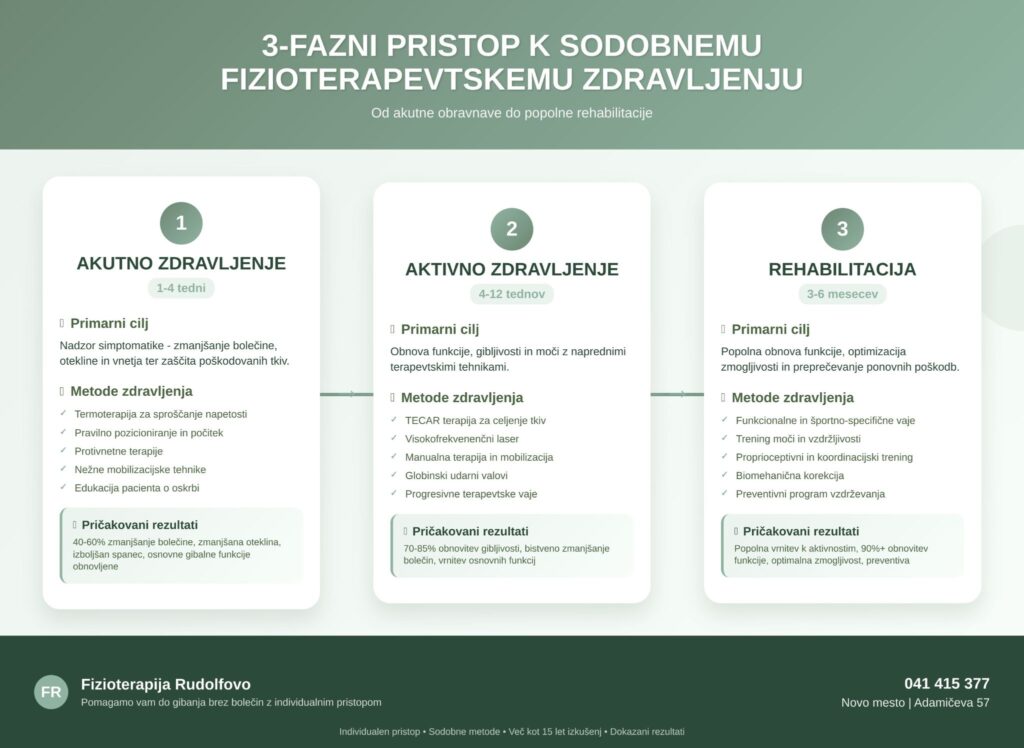 Infografika predstavlja 3-fazni pristop fizioterapevtskega zdravljenja: Faza 1 (akutno zdravljenje, 1-4 tedni) za nadzor simptomov, Faza 2 (aktivno zdravljenje, 4-12 tednov) za obnovo funkcije z naprednimi terapijami kot so TECAR in laser, Faza 3 (rehabilitacija, 3-6 mesecev) za popolno obnovo in preventivo. Vsaka faza prikazuje metode, cilje in pričakovane rezultate.