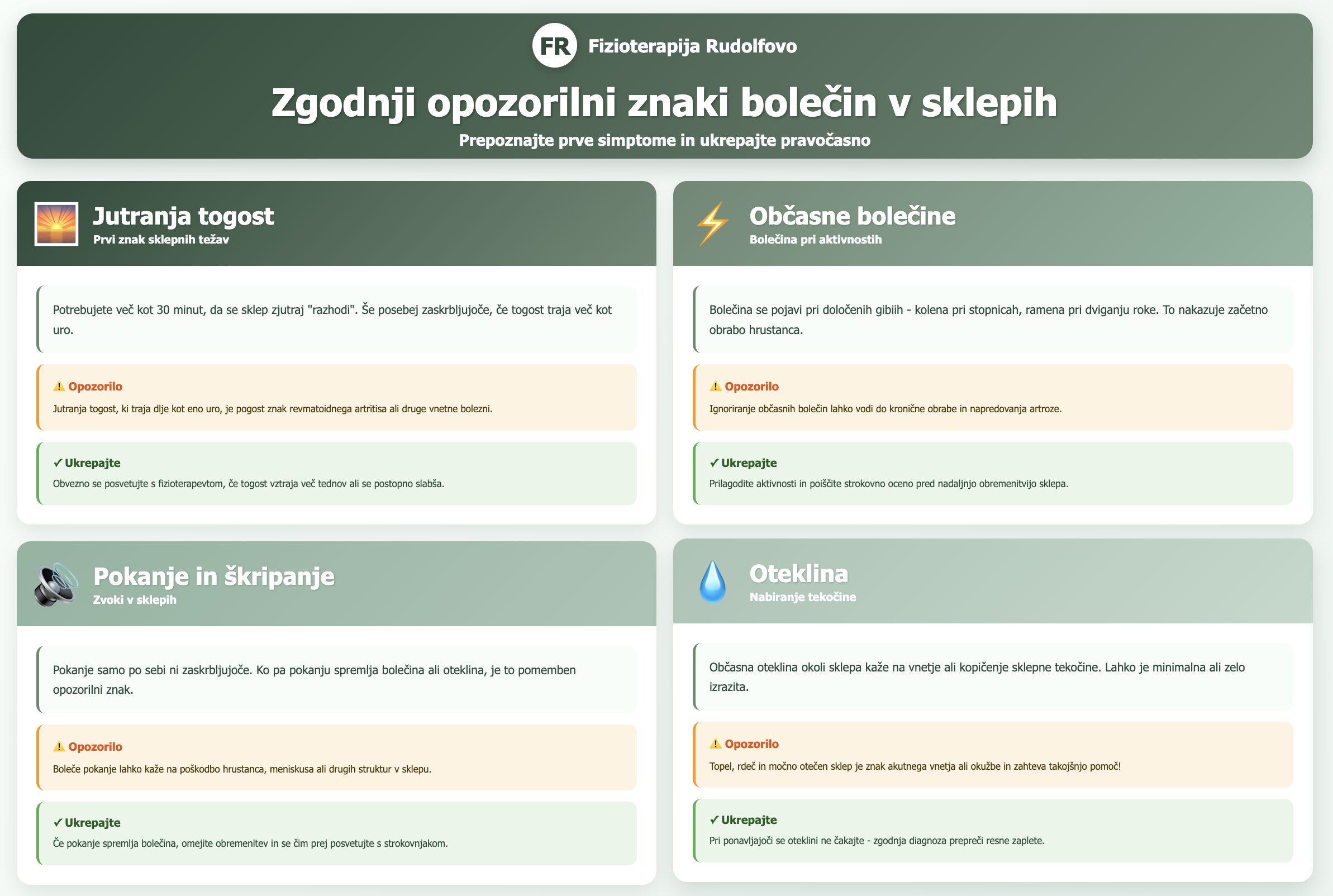 Zgodnji opozorilni znaki bolečin v sklepih - jutranja togost, občasne bolečine, pokanje in škripanje, oteklina - kako prepoznati simptome