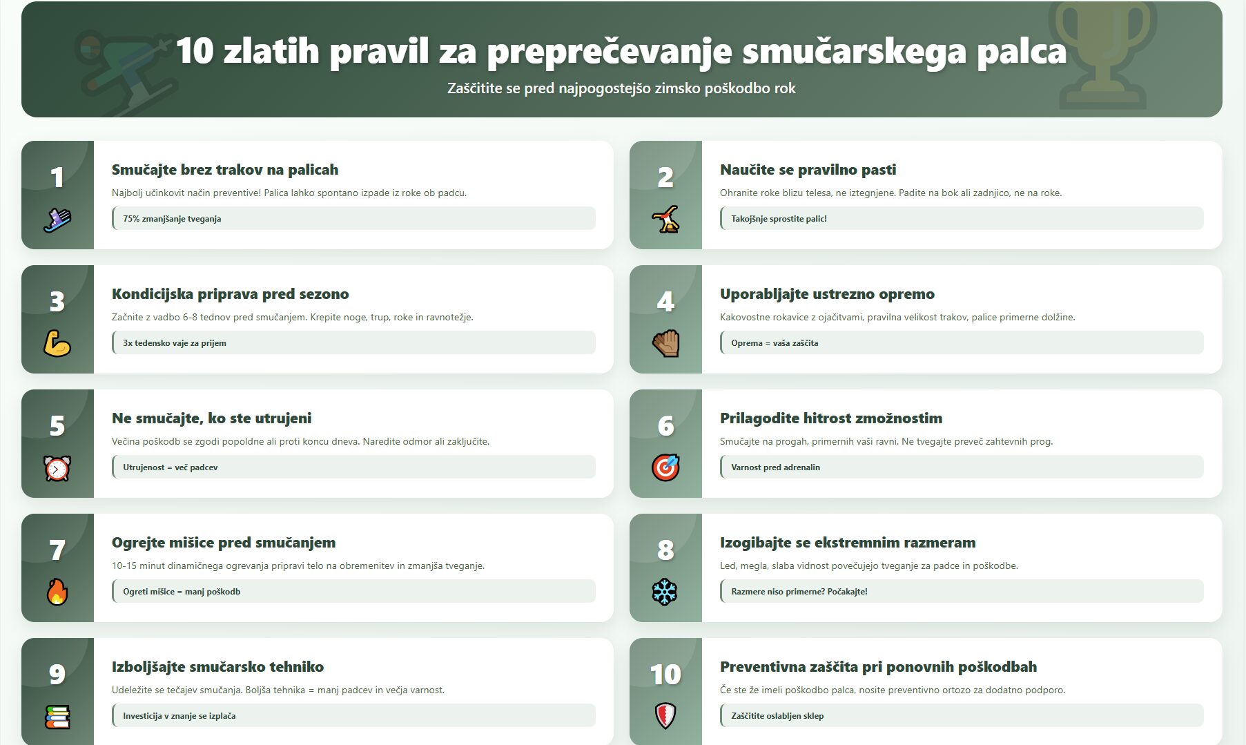 10 zlatih pravil za preprečevanje smučarskega palca: smučanje brez trakov (75% zmanjšanje), pravilna tehnika padanja, kondicijska priprava, ustrezna oprema, ogrevanje mišic