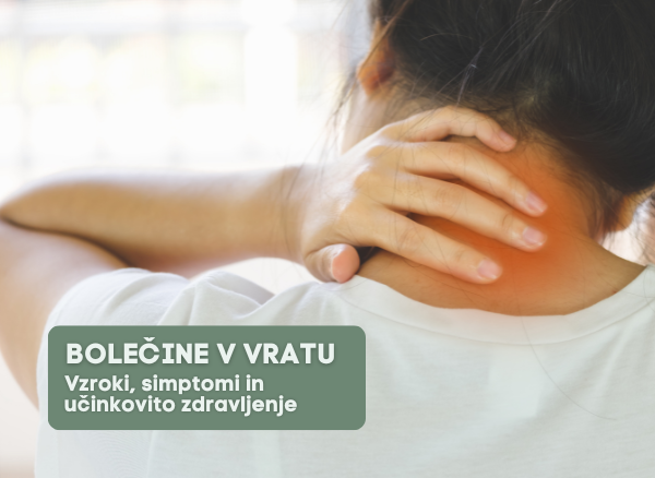 Ženska se dotika vratu z rdečo označbo bolečine - simptomi bolečin v vratni hrbtenici