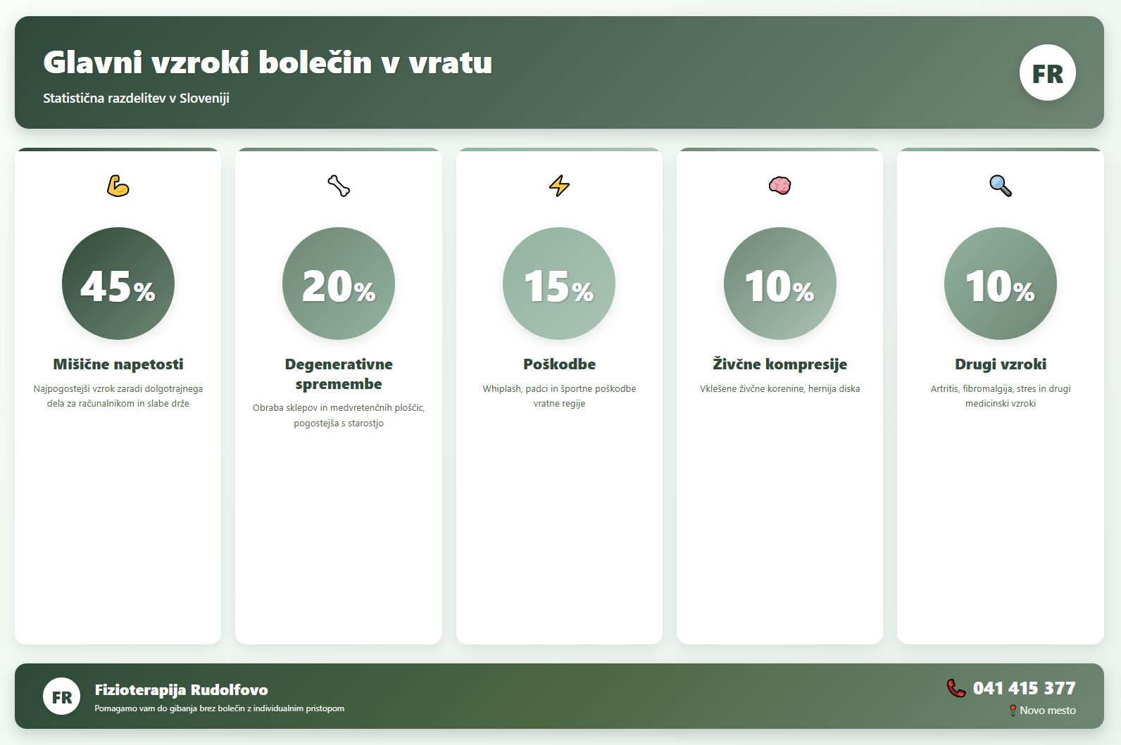 Infografika glavnih vzrokov bolečin v vratu: 45% mišične napetosti, 20% degenerativne spremembe, 15% poškodbe, 10% živčne kompresije, 10% drugi vzroki