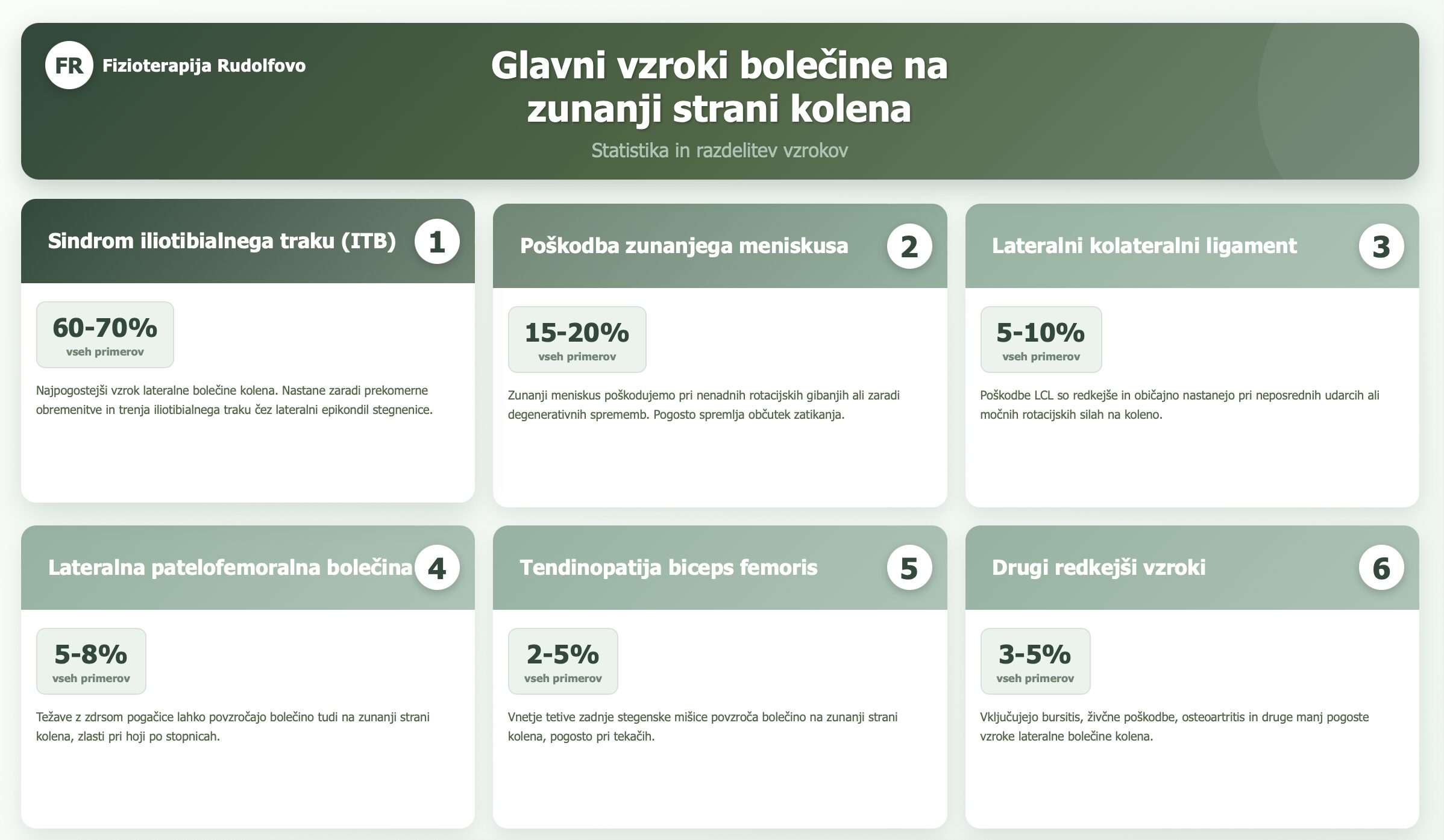 Infografika prikazuje glavne vzroke bolečine na zunanji strani kolena s statistiko - ITB sindrom 60-70%, poškodba meniskusa 15-20%, lateralni kolateralni ligament 5-10% - Fizioterapija Rudolfovo