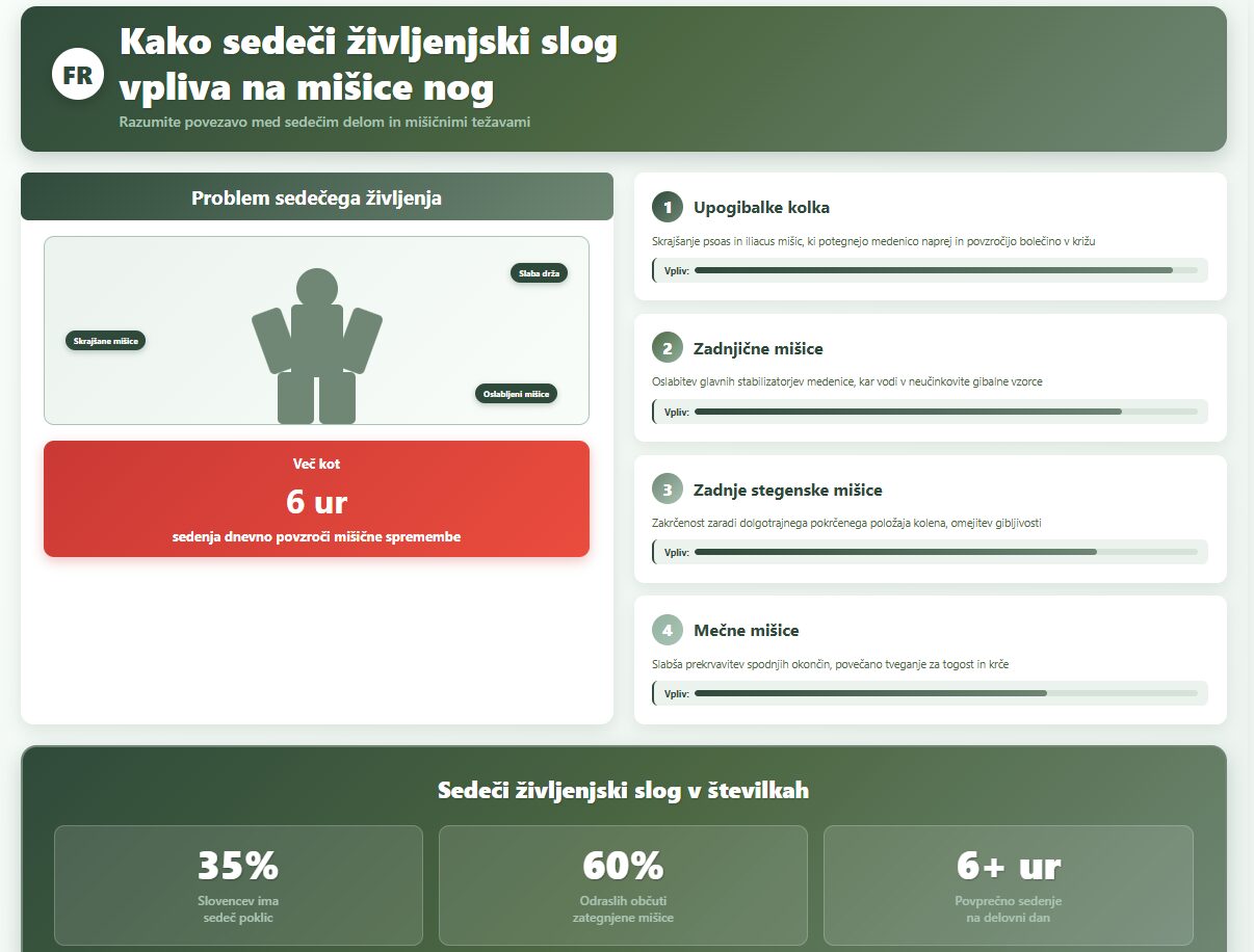 Infografika kako dolgotrajno sedenje vpliva na mišice nog - upogibalk kolka, zadnjičnih mišic, zadnjih stegenskih in mečnih mišic